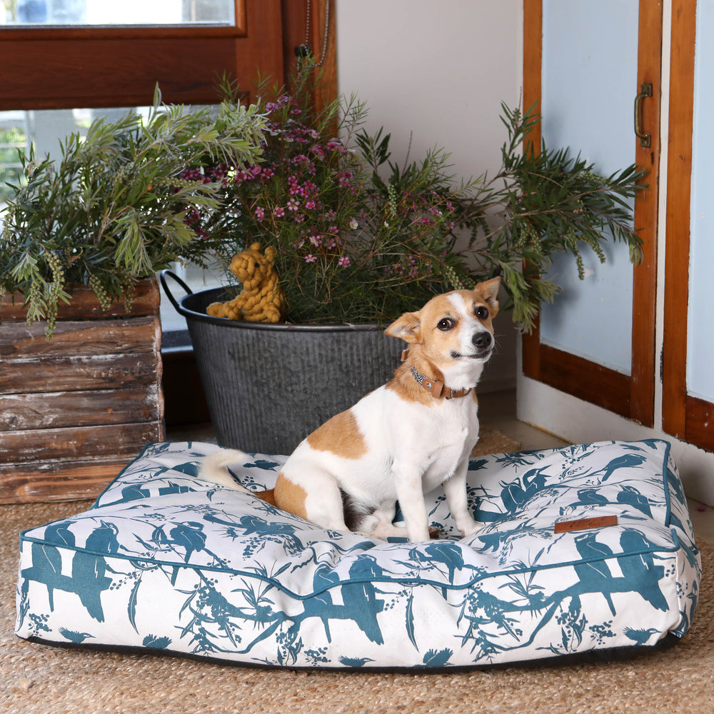 Rectangular Dog Bed - Kookaburras  (recycled poly stuffing)
